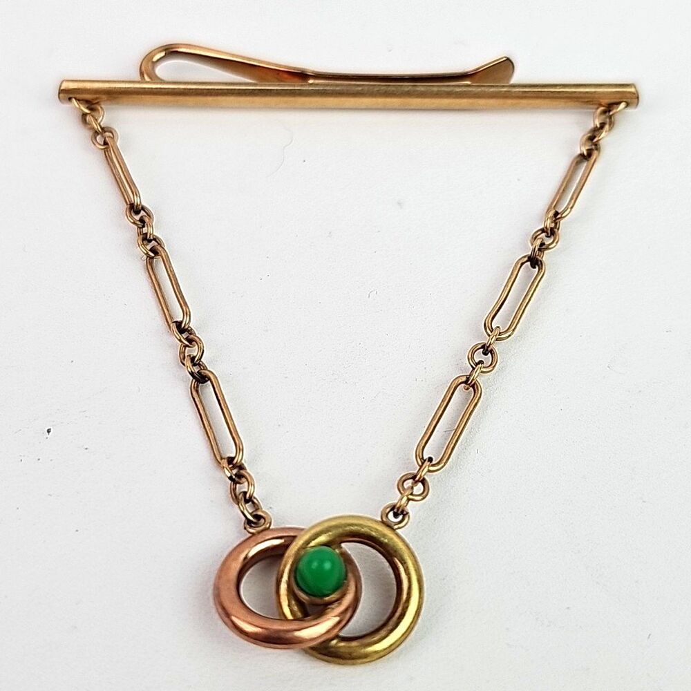 Krementz USA Vtg Tie Clip Bobby Pin w Chain Two Tone Gold Rings Faux Green Stone